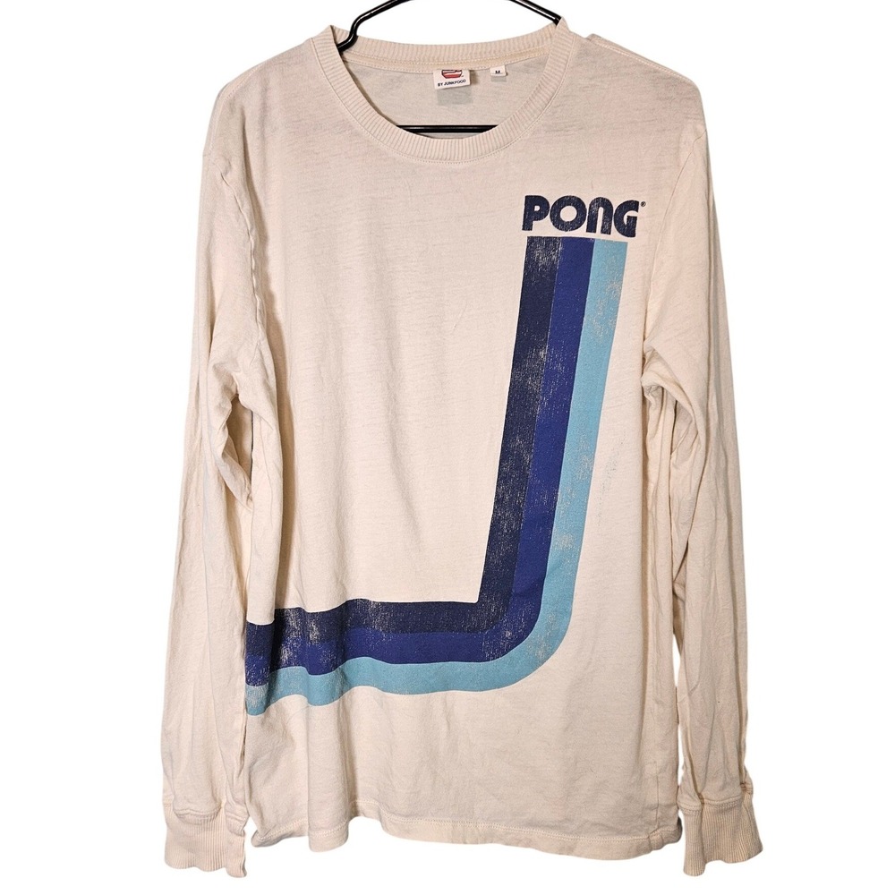 Junk Food Mens Pong Atari Long Sleeve Graphic T-Shirt Cream Size M Retro Arcade
